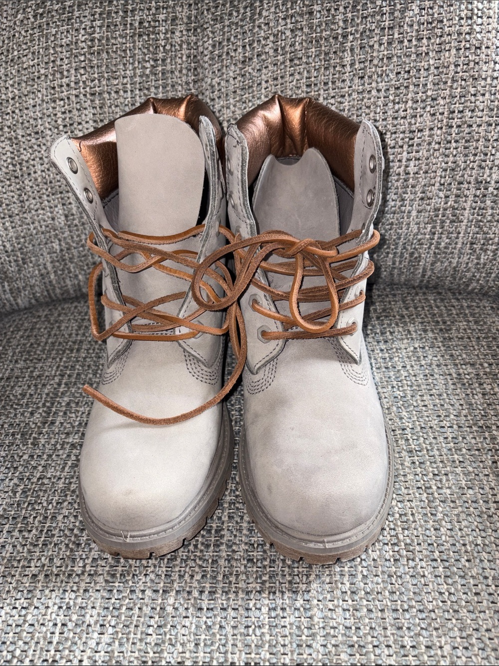 Timberland Light Gray Lace-Up Boots with Brown Laces and Copper Collar